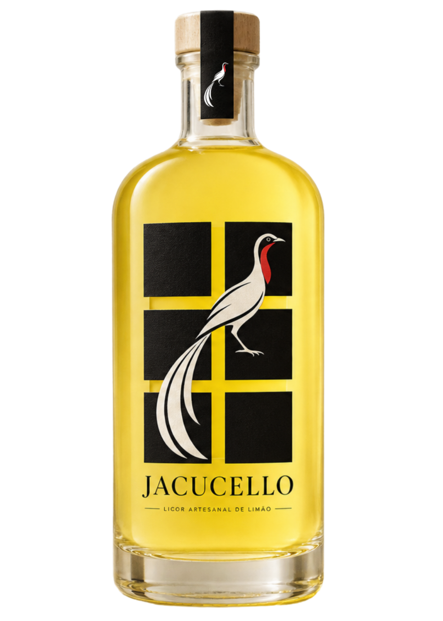 Garrafa de Jacucello com o rótulo frontal e o licor de cor luminosa