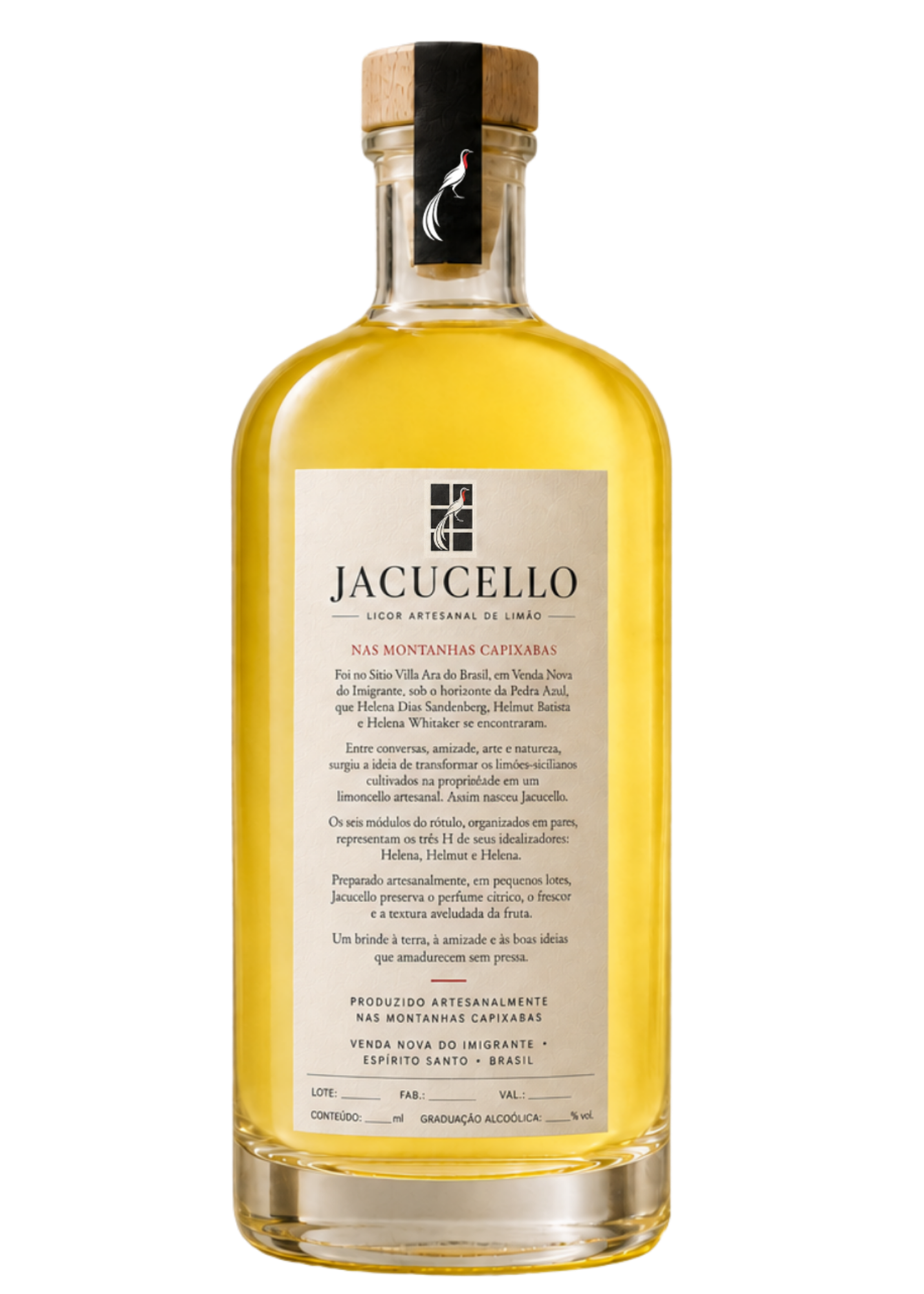 Garrafa de Jacucello vista pelo rótulo posterior, com o texto sobre o encontro