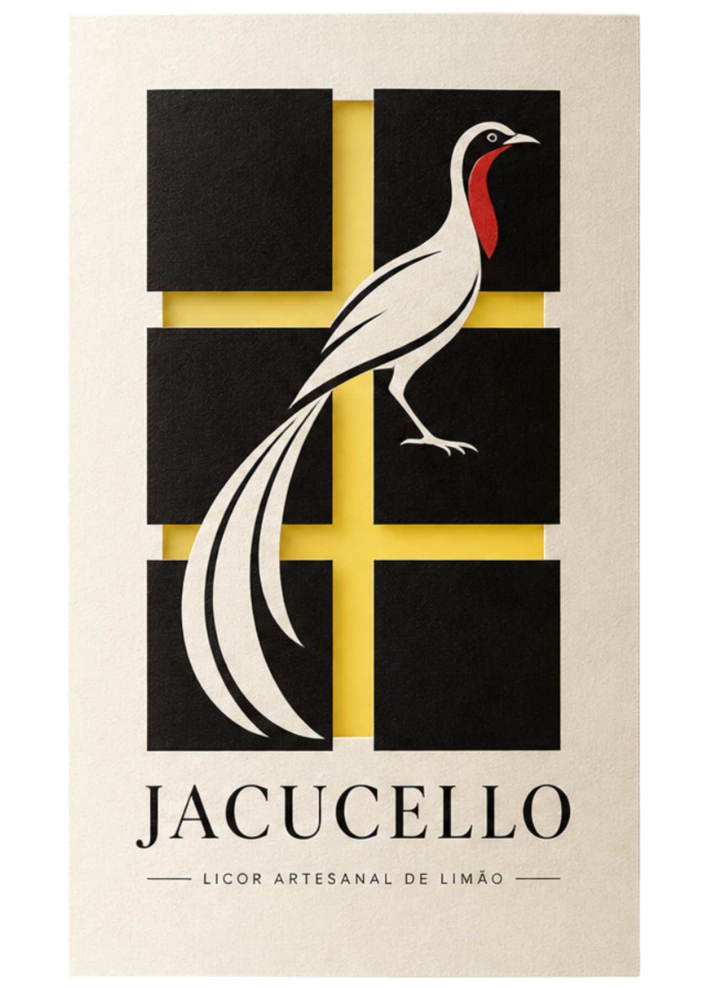 Rótulo frontal do Jacucello: o jacu branco atravessando a grade de seis módulos