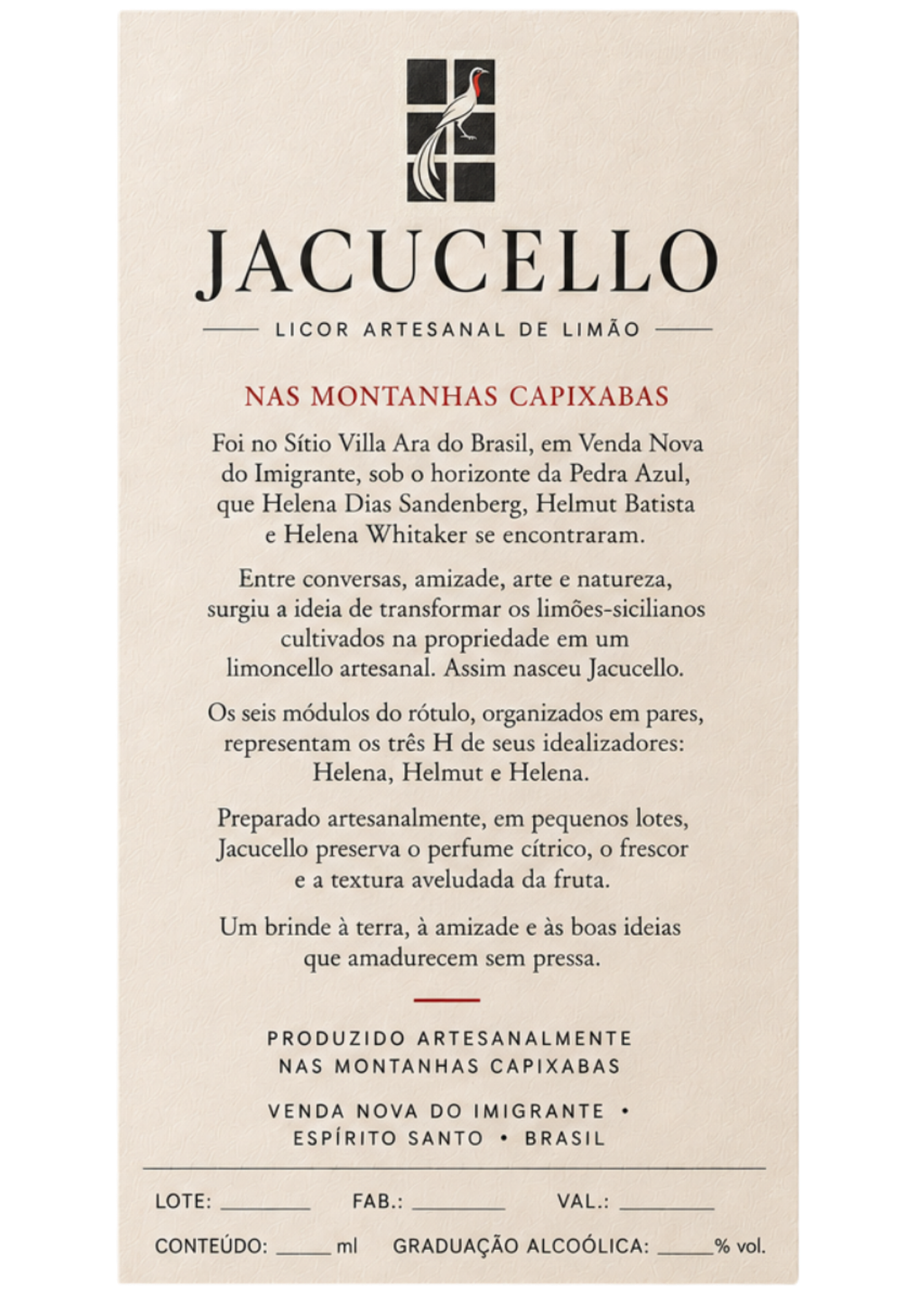 Rótulo posterior do Jacucello com o texto sobre a origem nas montanhas capixabas